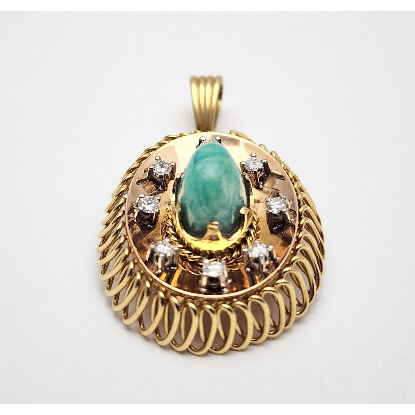 18K Solid Yellow Gold Diamond & Green Cabochon Gemstone Charm Pendant