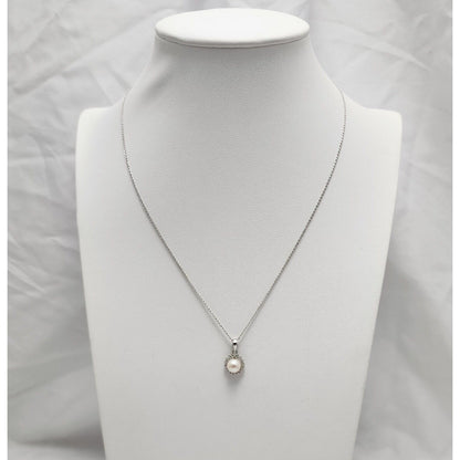 14K White Gold Pearl & Diamond Charm Pendant Link Chain Necklace