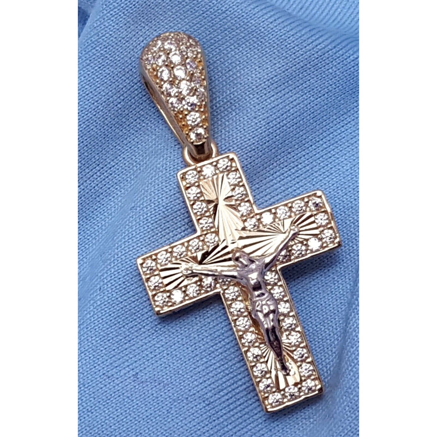 14K Two Tone Gold Religious Jesus Cubic Zirconia Cross Charm Pendant