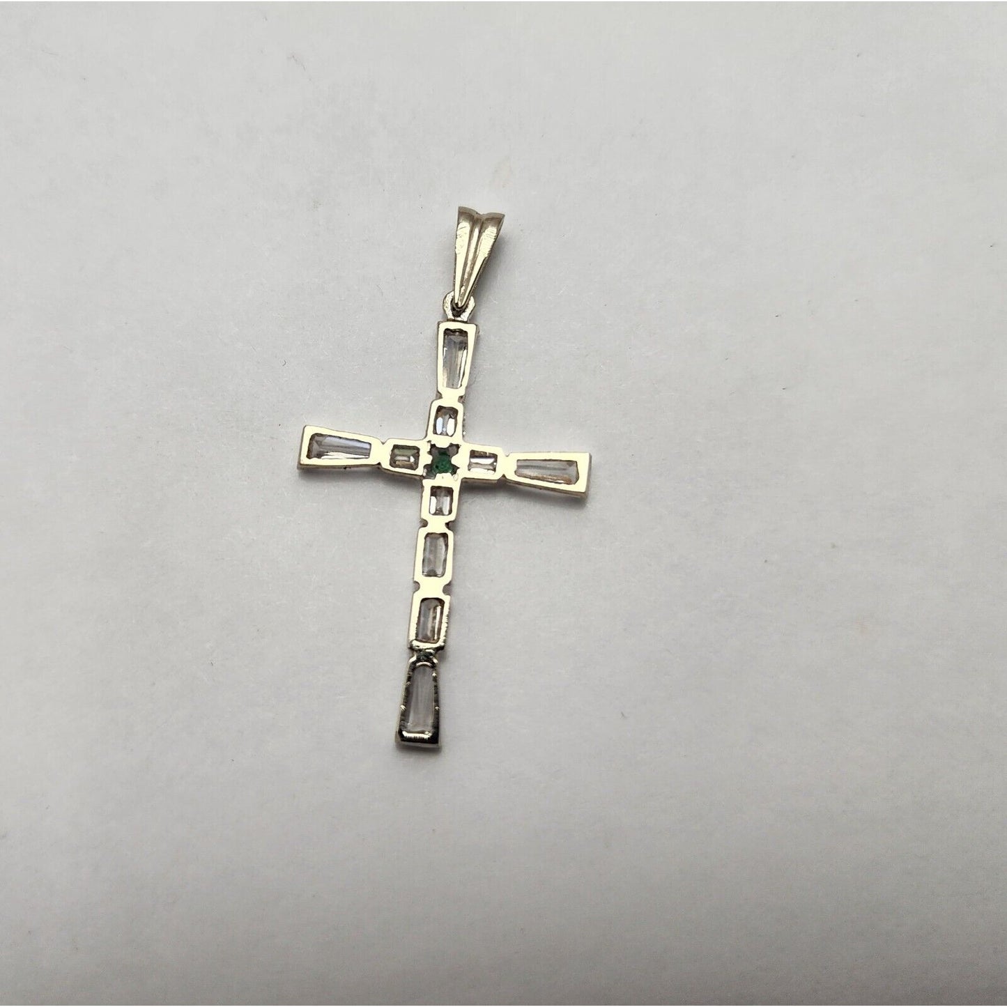 14K White Gold Religious Emerald & CZ Cross Pendant