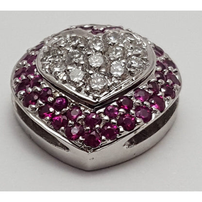 18K Solid White Gold Diamond & Ruby Puffy Heart Charm Pendant