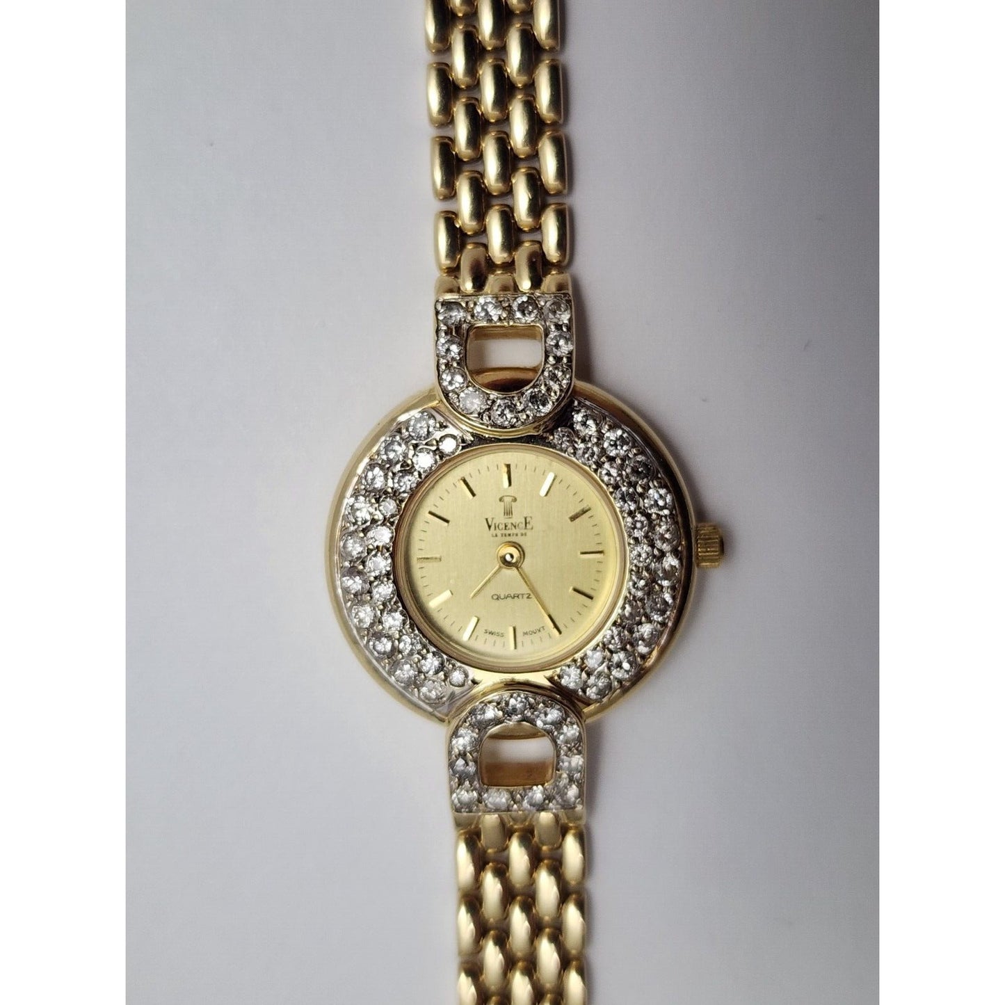 Vicence Quartz 14K Yellow Gold 32.7gr 24mm 1.48ct Diamonds Ladies Watch Italy