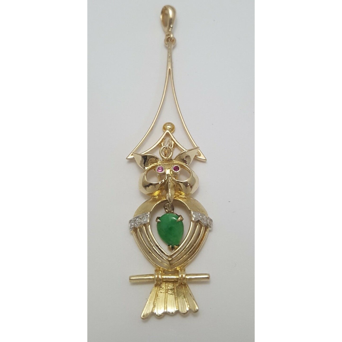 Vintage 14K Yellow Gold Owl Jade, Ruby & Diamond Dangle Charm Pendant