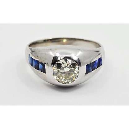 14K White Gold Dome Bezel Set Old European Cut Diamond & Sapphire Ring