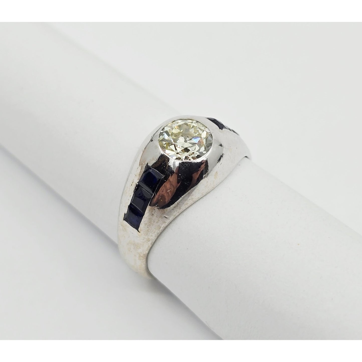 14K White Gold Dome Bezel Set Old European Cut Diamond & Sapphire Ring