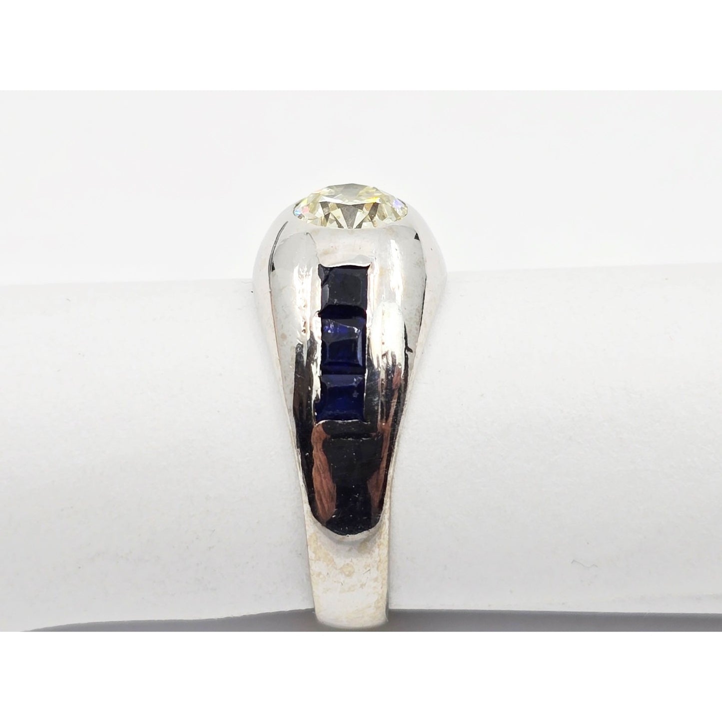14K White Gold Dome Bezel Set Old European Cut Diamond & Sapphire Ring