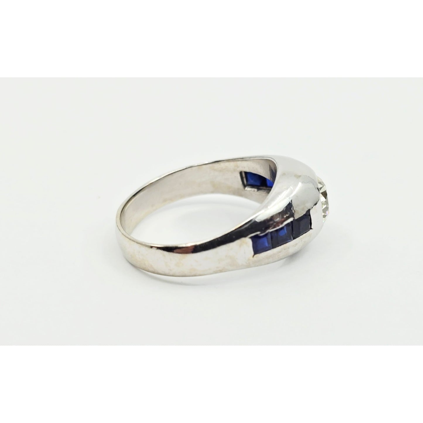 14K White Gold Dome Bezel Set Old European Cut Diamond & Sapphire Ring