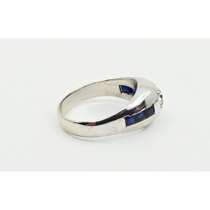 14K White Gold Dome Bezel Set Old European Cut Diamond & Sapphire Ring