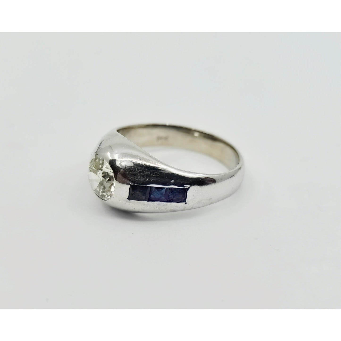 14K White Gold Dome Bezel Set Old European Cut Diamond & Sapphire Ring