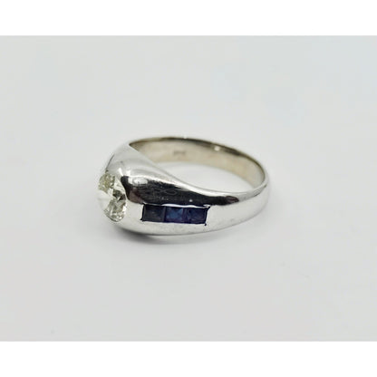 14K White Gold Dome Bezel Set Old European Cut Diamond & Sapphire Ring
