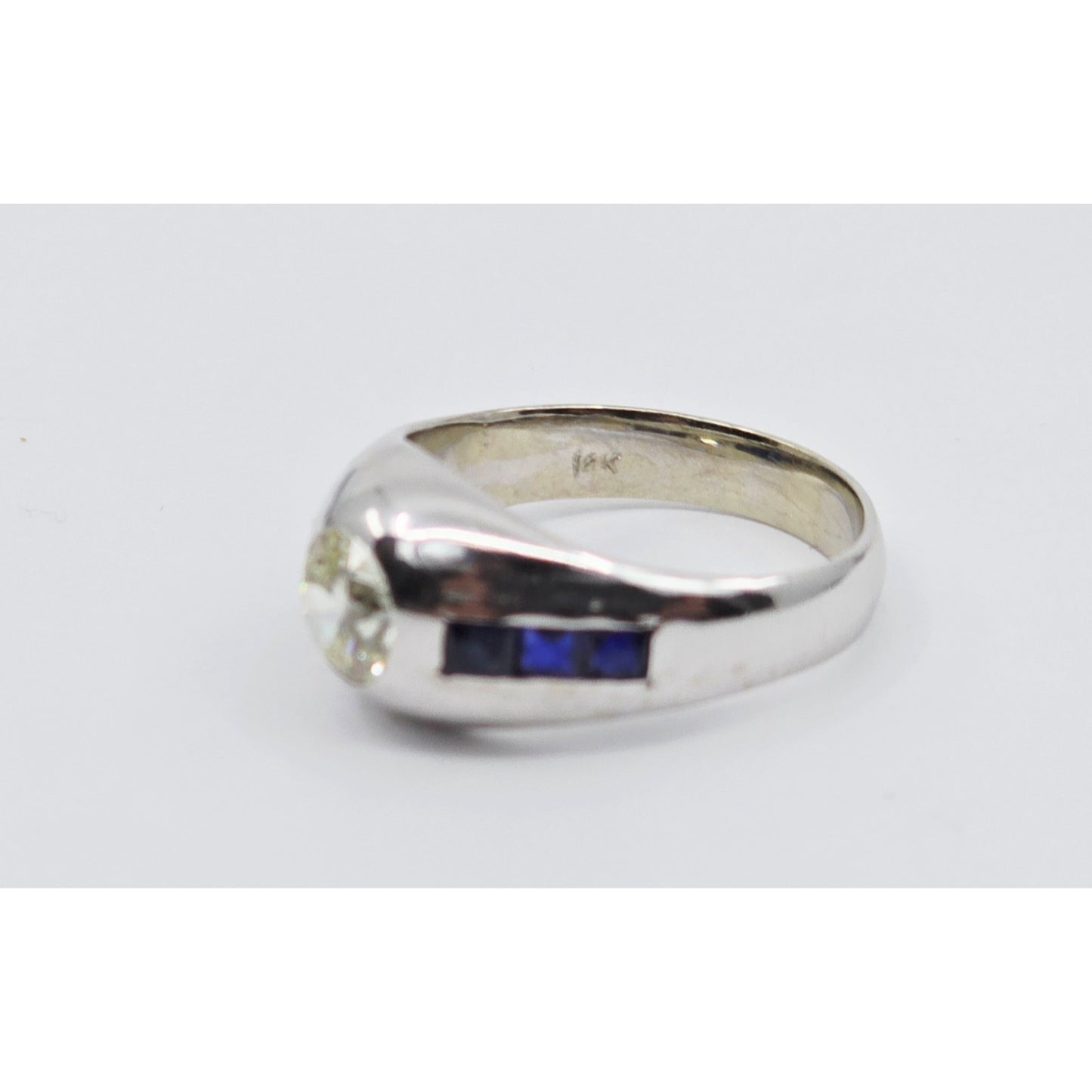 14K White Gold Dome Bezel Set Old European Cut Diamond & Sapphire Ring