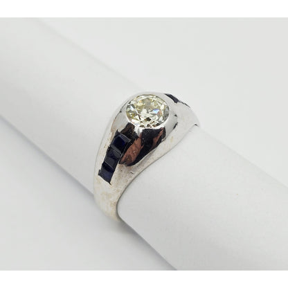 14K White Gold Dome Bezel Set Old European Cut Diamond & Sapphire Ring