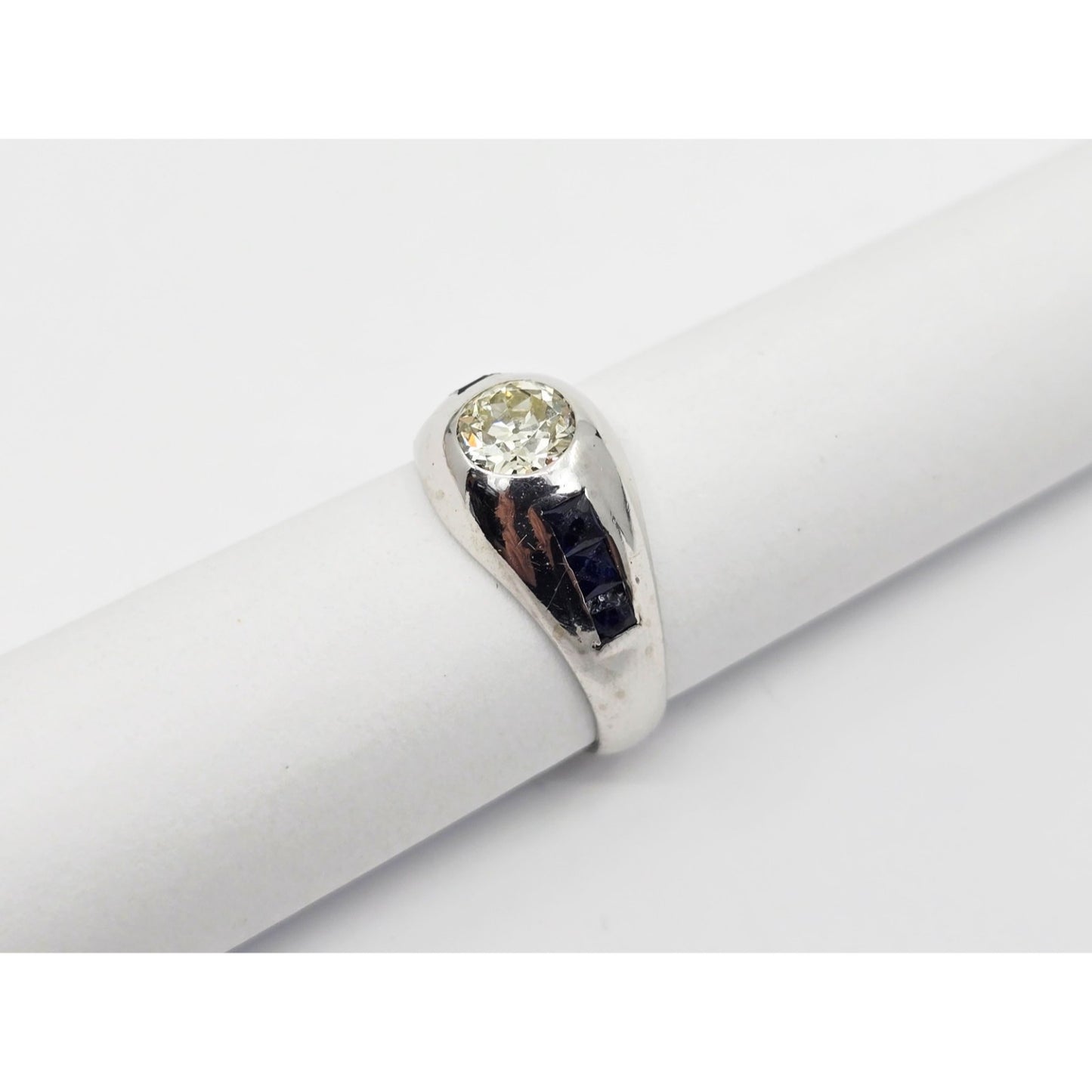 14K White Gold Dome Bezel Set Old European Cut Diamond & Sapphire Ring
