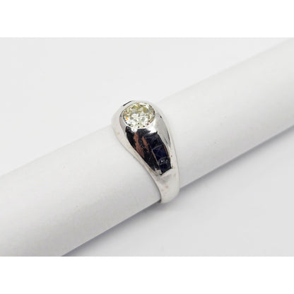 14K White Gold Dome Bezel Set Old European Cut Diamond & Sapphire Ring