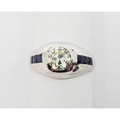 14K White Gold Dome Bezel Set Old European Cut Diamond & Sapphire Ring