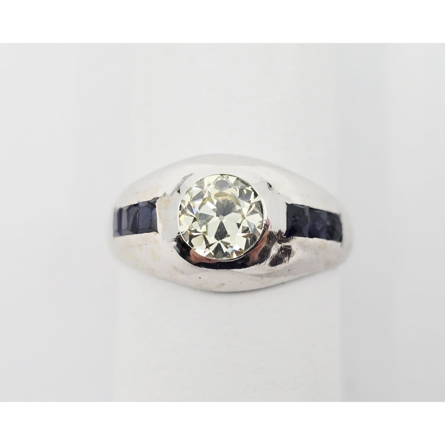 14K White Gold Dome Bezel Set Old European Cut Diamond & Sapphire Ring