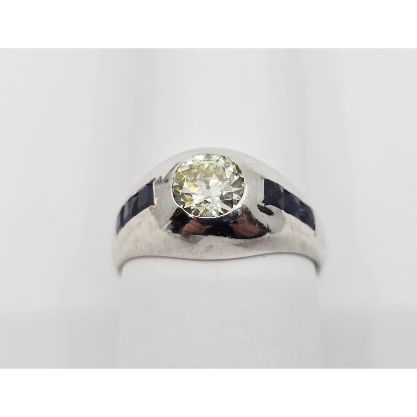 14K White Gold Dome Bezel Set Old European Cut Diamond & Sapphire Ring