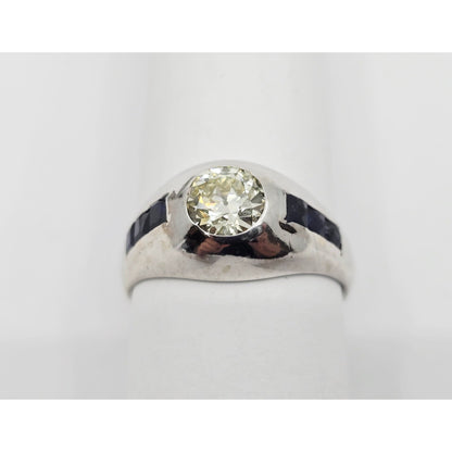 14K White Gold Dome Bezel Set Old European Cut Diamond & Sapphire Ring