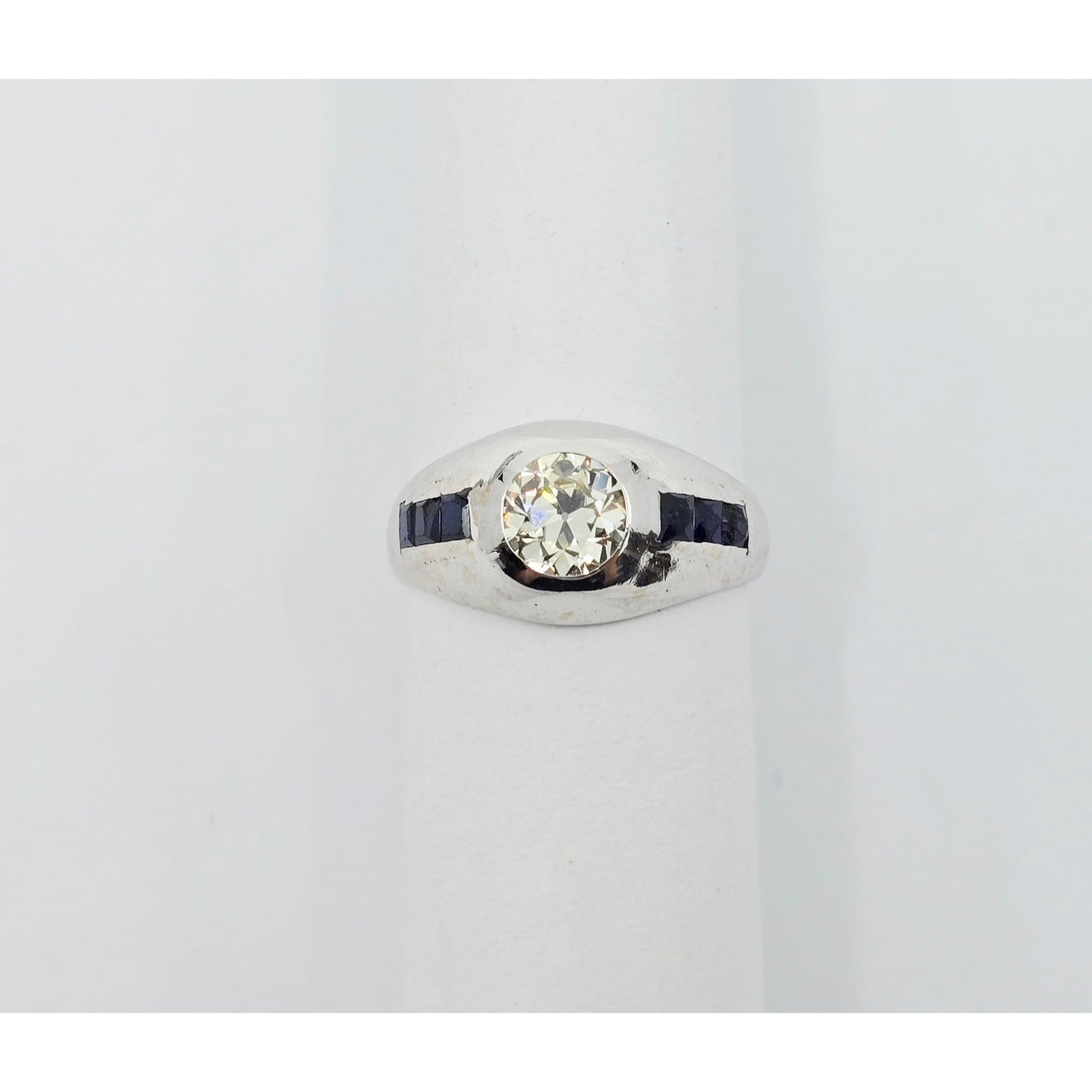 14K White Gold Dome Bezel Set Old European Cut Diamond & Sapphire Ring
