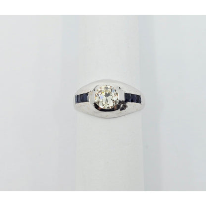 14K White Gold Dome Bezel Set Old European Cut Diamond & Sapphire Ring
