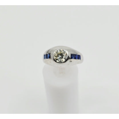 14K White Gold Dome Bezel Set Old European Cut Diamond & Sapphire Ring