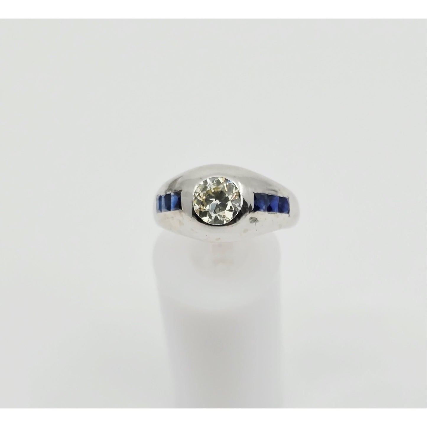 14K White Gold Dome Bezel Set Old European Cut Diamond & Sapphire Ring