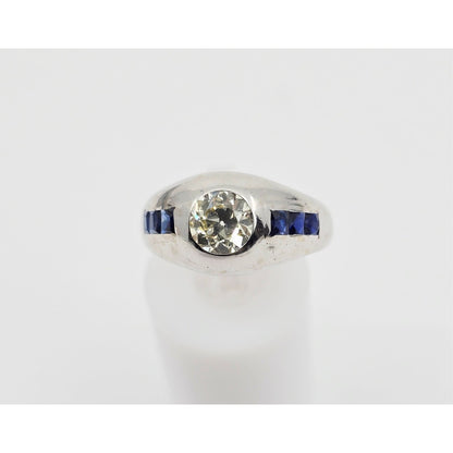14K White Gold Dome Bezel Set Old European Cut Diamond & Sapphire Ring