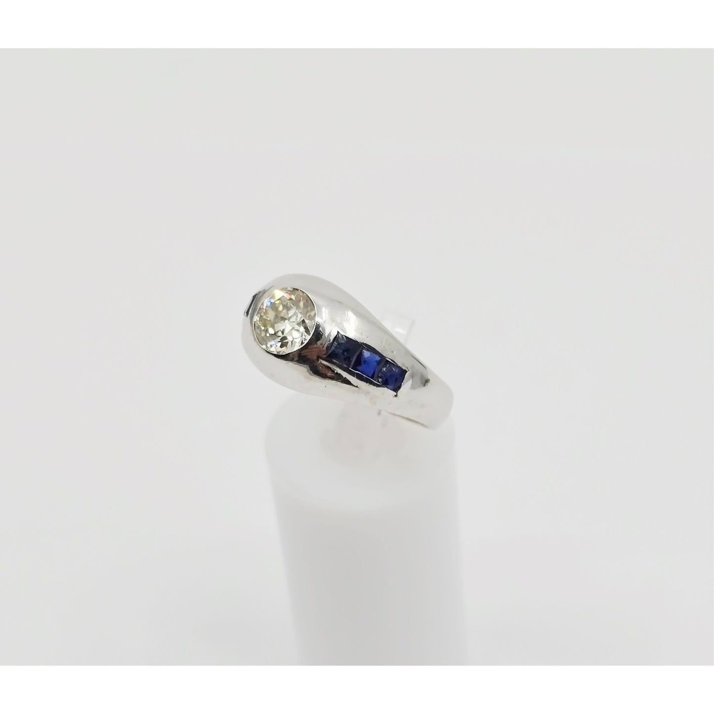 14K White Gold Dome Bezel Set Old European Cut Diamond & Sapphire Ring