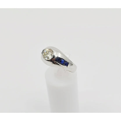 14K White Gold Dome Bezel Set Old European Cut Diamond & Sapphire Ring