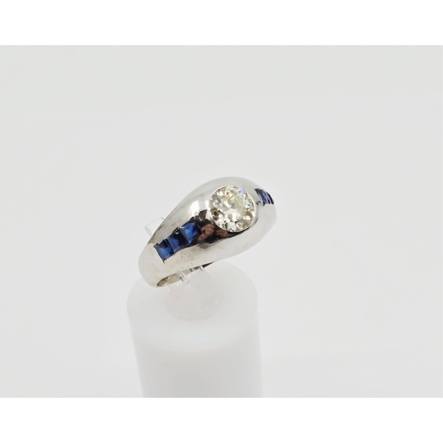 14K White Gold Dome Bezel Set Old European Cut Diamond & Sapphire Ring