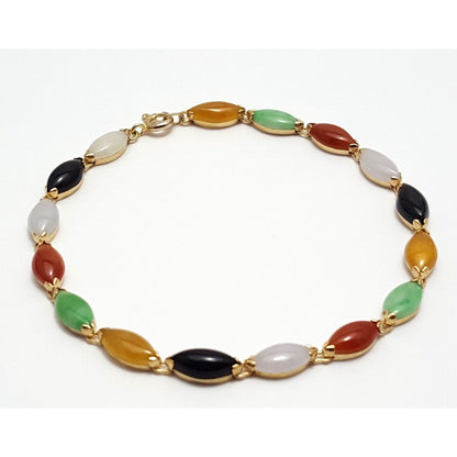 14K Solid Yellow Gold Multi Color Gemstone Link Bracelet