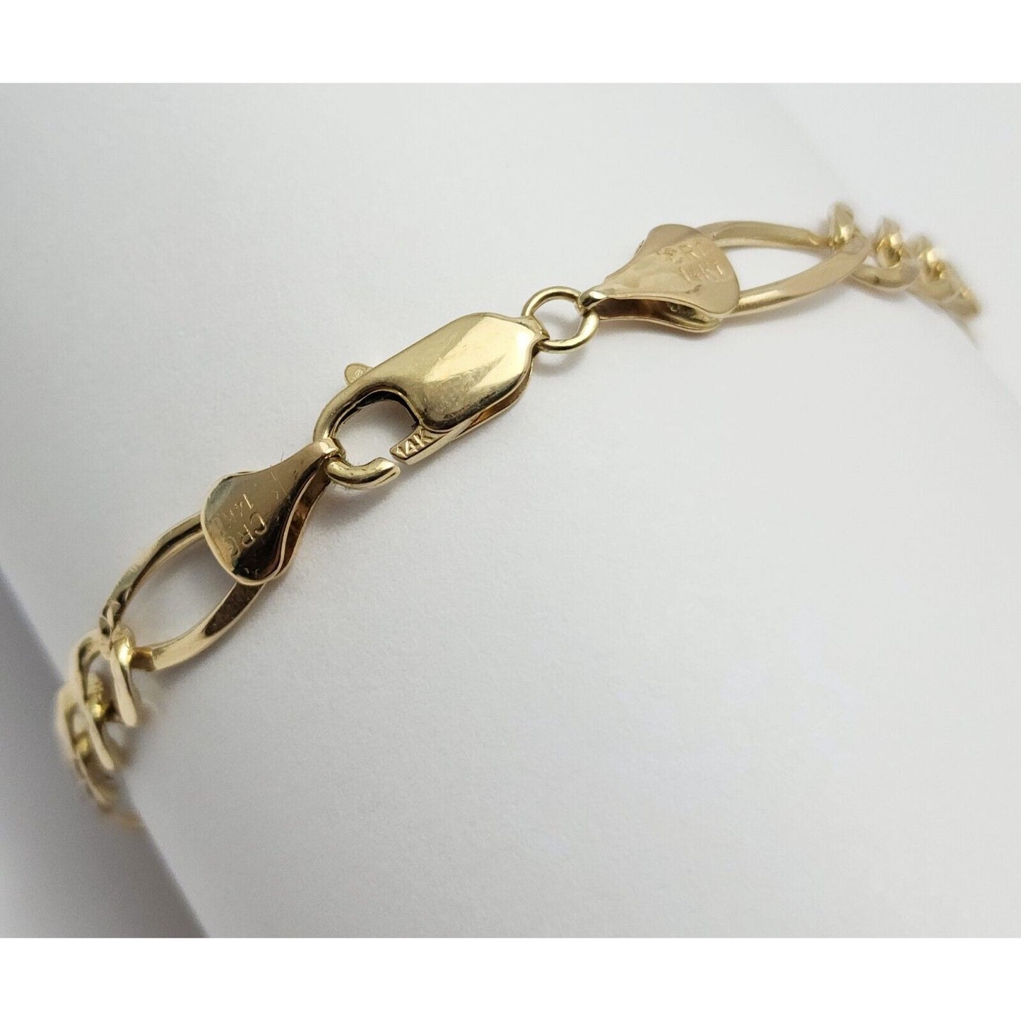 14K Solid Yellow Gold Diamond Cut Figaro Link Bracelet