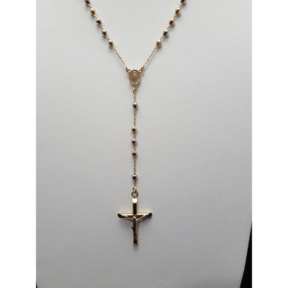 14K Tri Tone Gold Religious Rosary Cross Link Chain Necklace