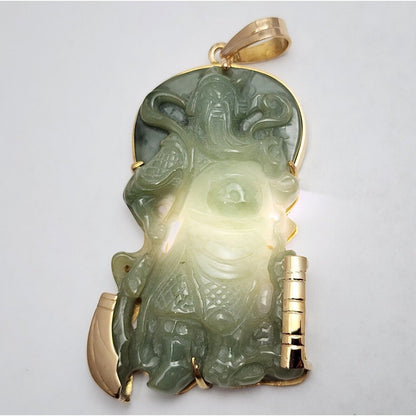 Large 14K Yellow Gold Green Jadeite Jade Guan Yu Guan Gong Carved Charm Pendant