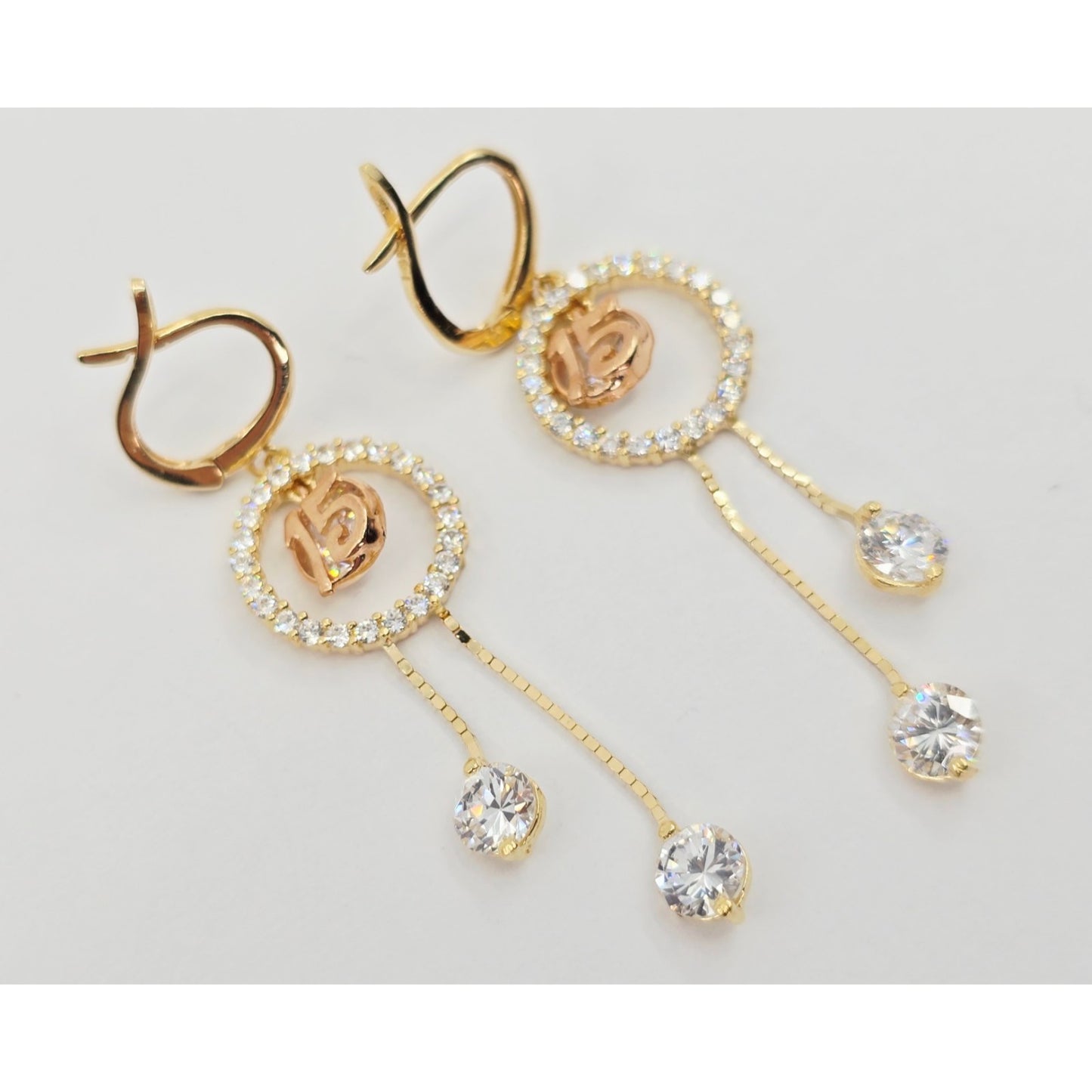 14K Two Tone Gold Dangle Drop Hanging 15 Anos CZ Hinged Earrings