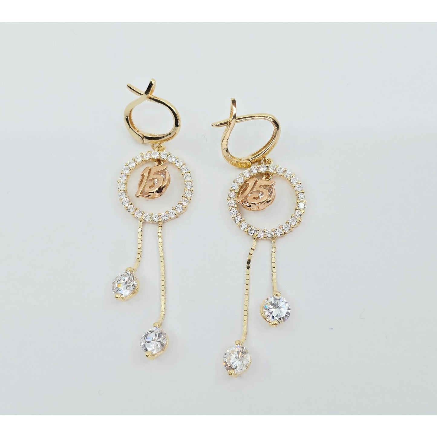 14K Two Tone Gold Dangle Drop Hanging 15 Anos CZ Hinged Earrings