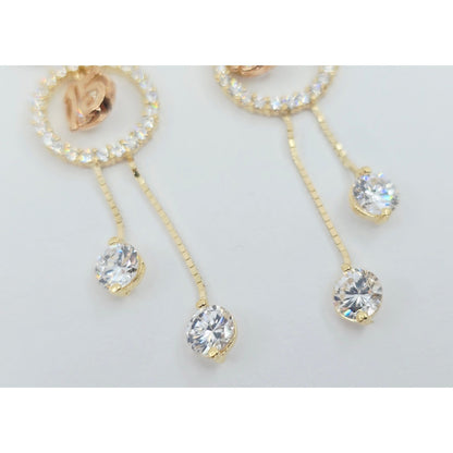 14K Two Tone Gold Dangle Drop Hanging 15 Anos CZ Hinged Earrings