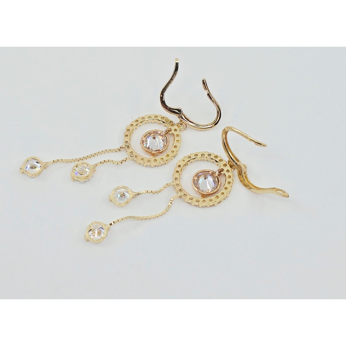 14K Two Tone Gold Dangle Drop Hanging 15 Anos CZ Hinged Earrings