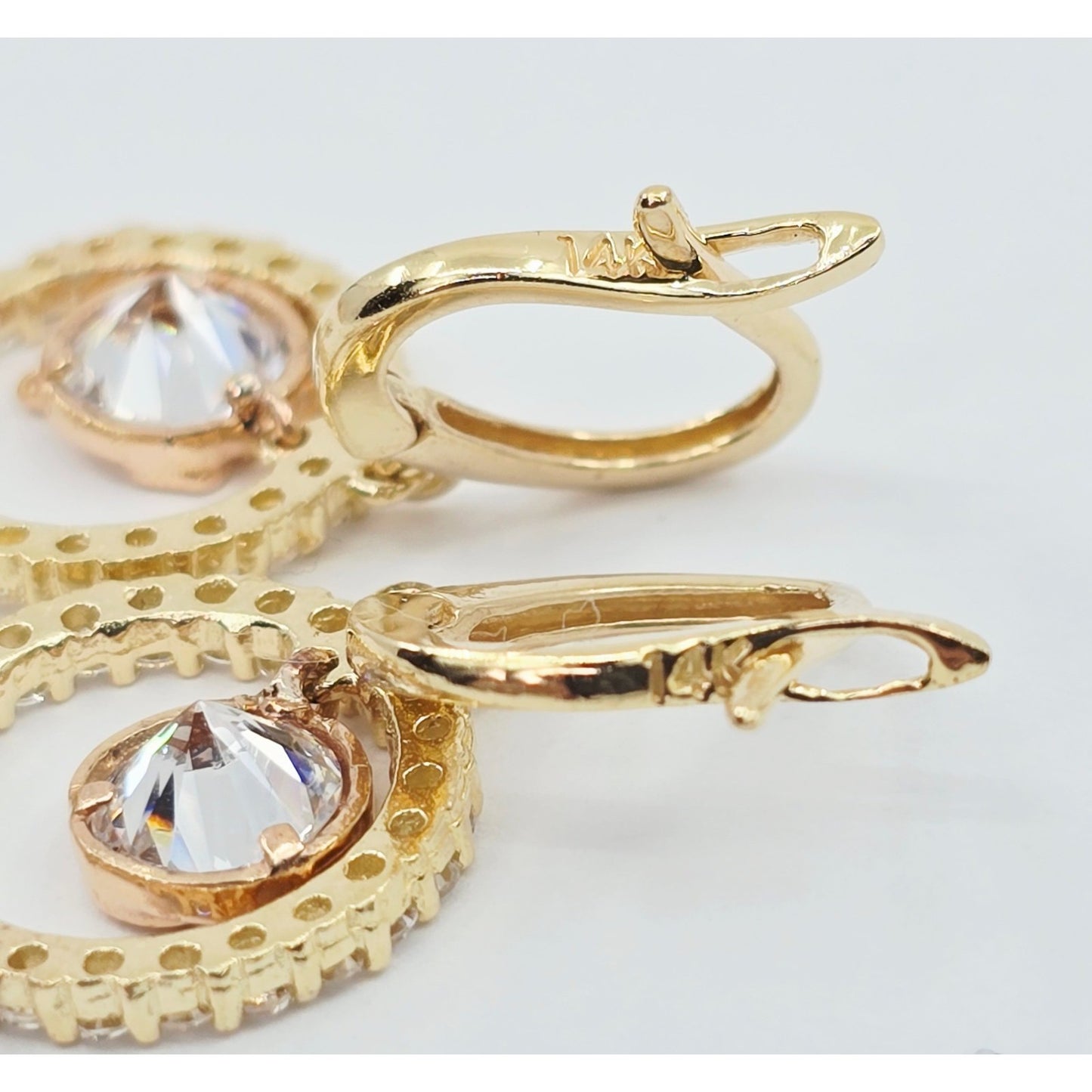 14K Two Tone Gold Dangle Drop Hanging 15 Anos CZ Hinged Earrings