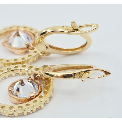 14K Two Tone Gold Dangle Drop Hanging 15 Anos CZ Hinged Earrings