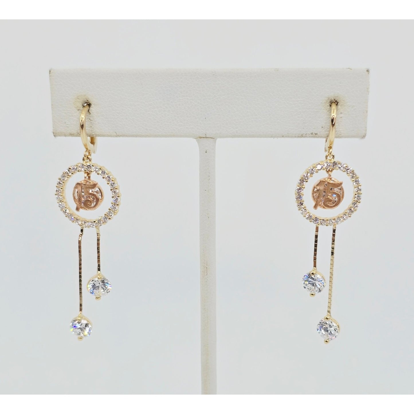 14K Two Tone Gold Dangle Drop Hanging 15 Anos CZ Hinged Earrings
