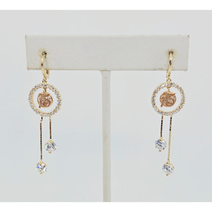14K Two Tone Gold Dangle Drop Hanging 15 Anos CZ Hinged Earrings