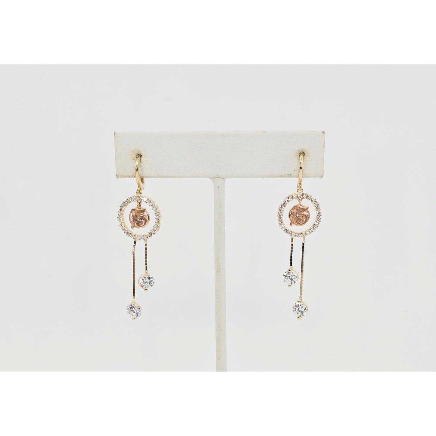 14K Two Tone Gold Dangle Drop Hanging 15 Anos CZ Hinged Earrings