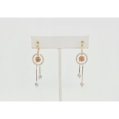 14K Two Tone Gold Dangle Drop Hanging 15 Anos CZ Hinged Earrings