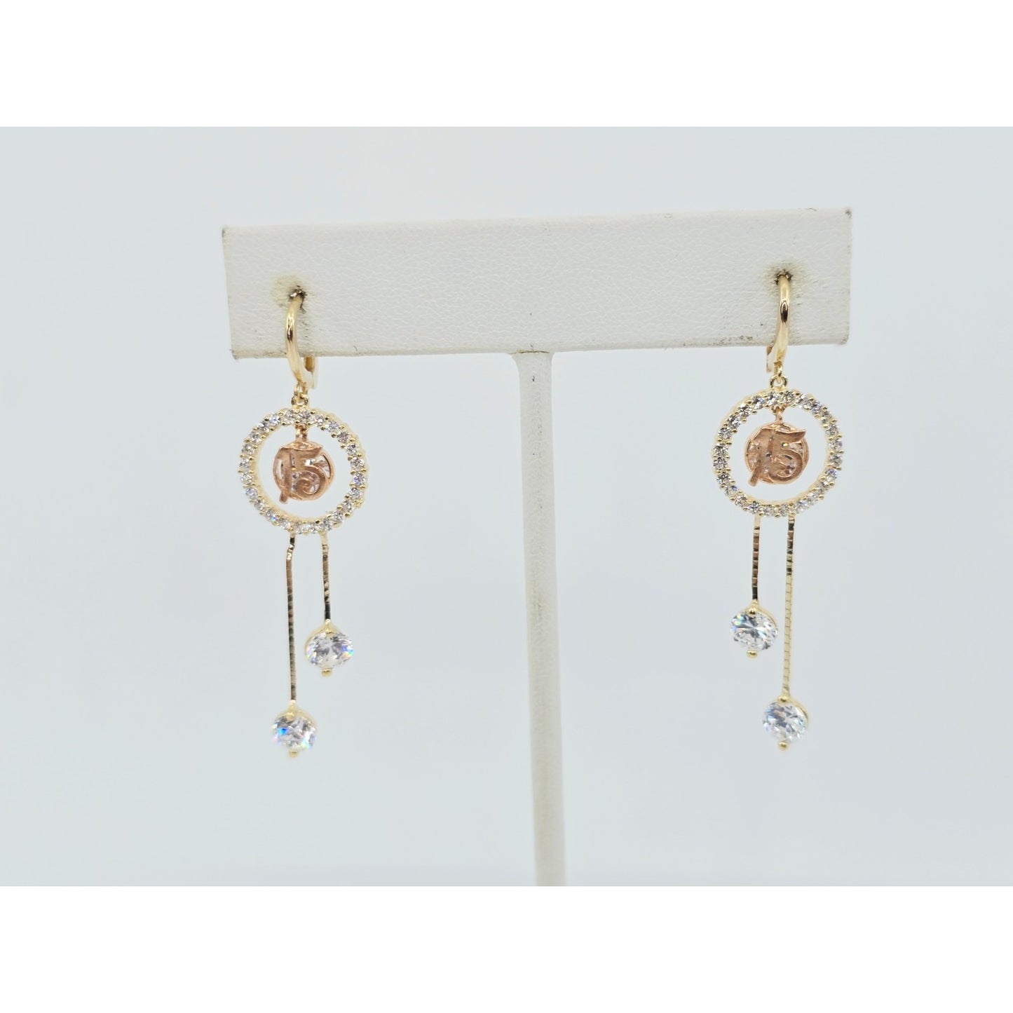 14K Two Tone Gold Dangle Drop Hanging 15 Anos CZ Hinged Earrings