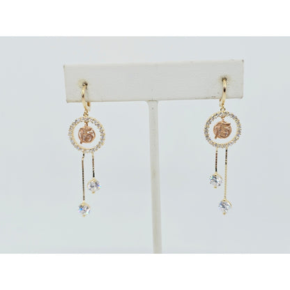 14K Two Tone Gold Dangle Drop Hanging 15 Anos CZ Hinged Earrings