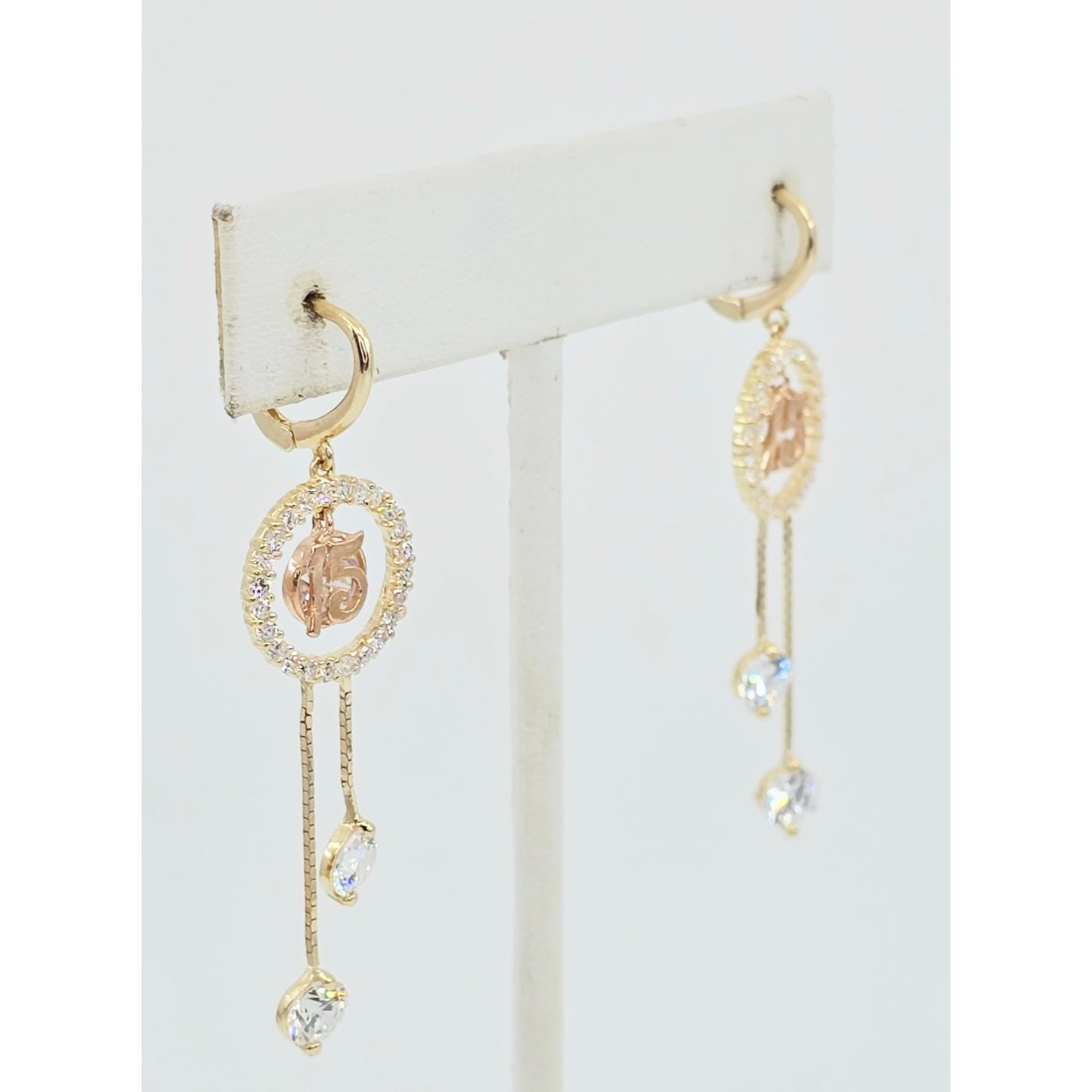 14K Two Tone Gold Dangle Drop Hanging 15 Anos CZ Hinged Earrings