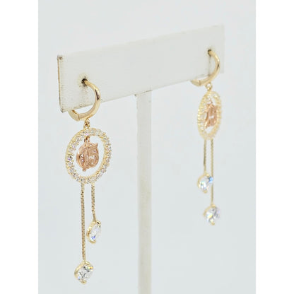 14K Two Tone Gold Dangle Drop Hanging 15 Anos CZ Hinged Earrings