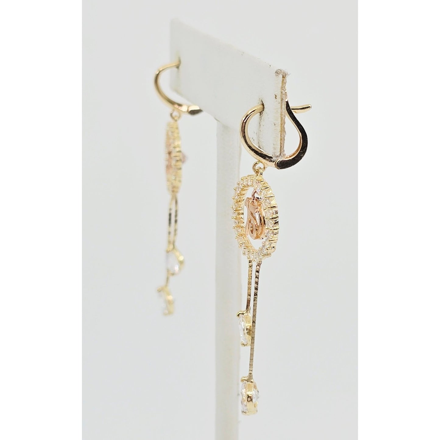 14K Two Tone Gold Dangle Drop Hanging 15 Anos CZ Hinged Earrings