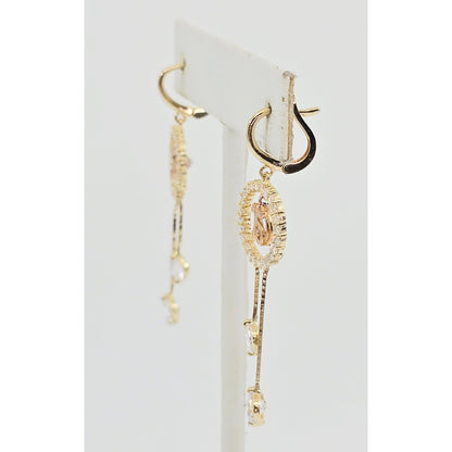 14K Two Tone Gold Dangle Drop Hanging 15 Anos CZ Hinged Earrings